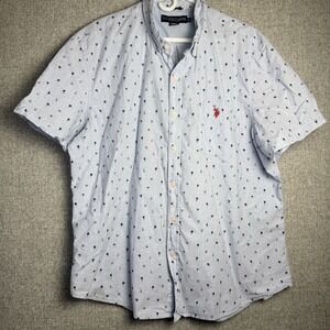 US Polo Assn. Short Sleeve Button Down Blue White Palm Trees‎ Anchor 2XL XXL